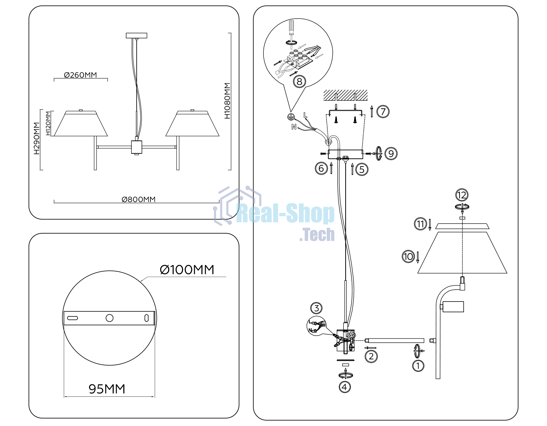 Люстра Ambrella light LH72471/3 BS/WH латунь/белый Е14/3 max 40W D800*290-1080