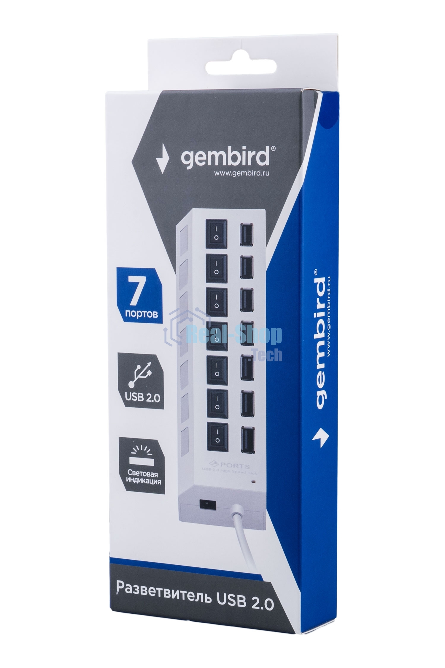 Разветвитель USB2.0 Gembird UHB-U2P7-01W, 7хUSB, с доп. питанием, подсветка и выключатели, кабель USB 55 см, белый, коробка