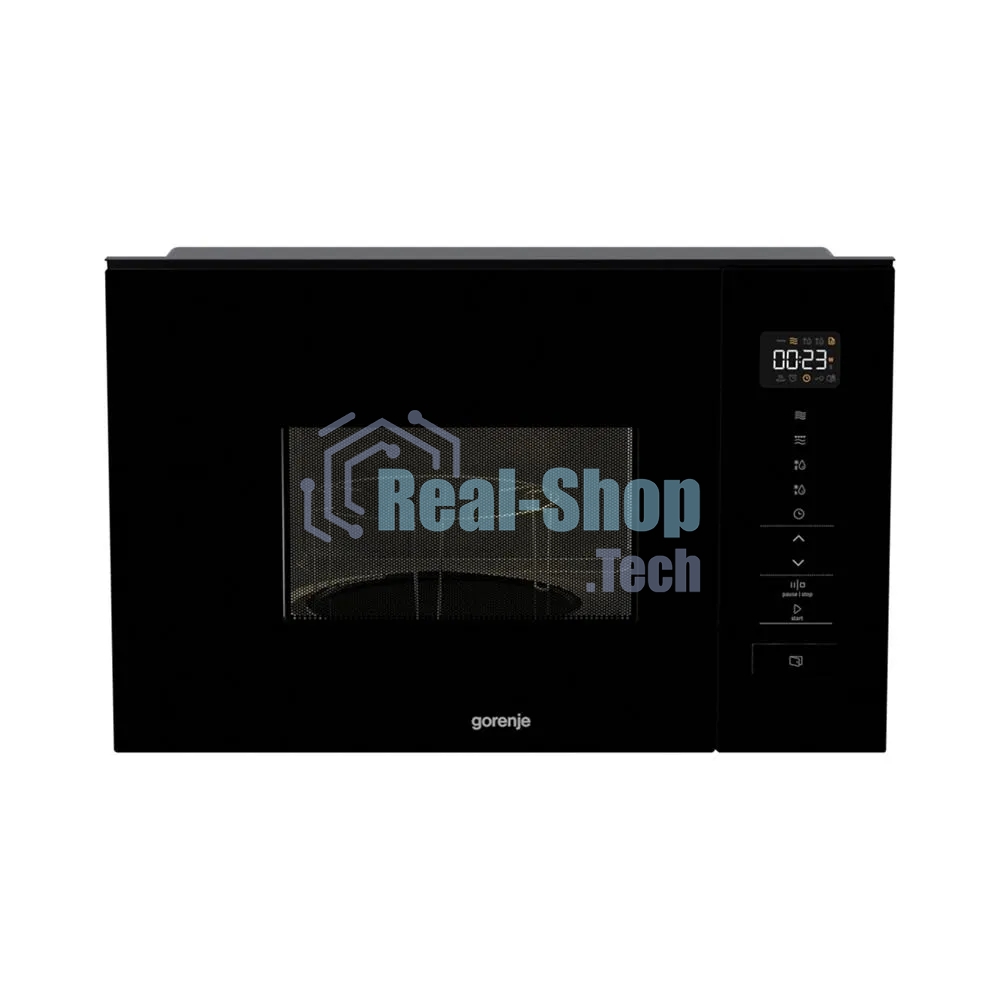 Встраиваемая микроволновая печь Gorenje BM201SG3BG, 20 л, 5 уровней мощности, 8 автопрограмм, сенсорное управление, дисплей, гриль, поворотный стол, AquaClean, автоменю черный