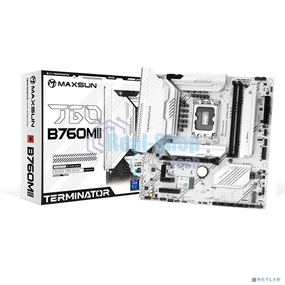 Материнская плата Maxsun MS-Terminator B760M GKD5 ICE, LGA1700, Intel B760, 2xDDR5, 4xSATA, 4xM.2, 1xPCIe 4.0 x16, 1xPCIe 4.0 x4, 1xHDMI, 1xDP, 1x2.5Gb LAN, Wi-Fi 6E, Bluetooth 5.3, 1xUSB-C 20Gbps, 2xUSB-A 10Gbps, 3xUSB-A 2.0, 3x3.5 мм, 7.1, mATX