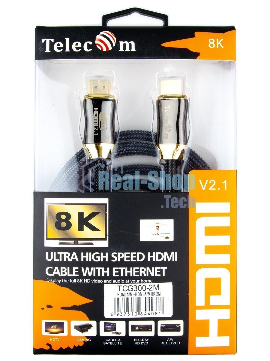 Кабель HDMI 19M/M,ver. 2.1, 8K@60 Hz 2m метал разъемы, нейлоновая оплетка Telecom TCG300-2M