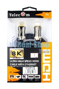 Кабель HDMI 19M/M,ver. 2.1, 8K@60 Hz 2m метал разъемы, нейлоновая оплетка Telecom TCG300-2M