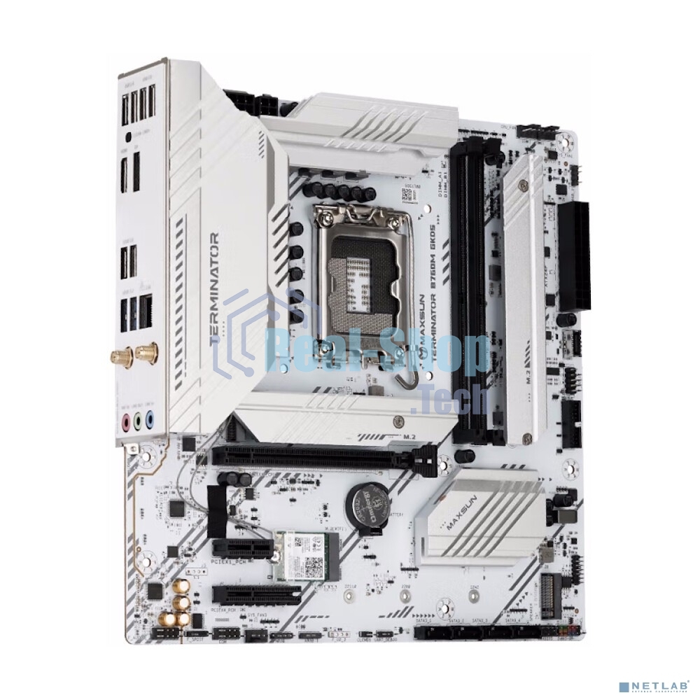 Материнская плата Maxsun MS-Terminator B760M GKD5 ICE, LGA1700, Intel B760, 2xDDR5, 4xSATA, 4xM.2, 1xPCIe 4.0 x16, 1xPCIe 4.0 x4, 1xHDMI, 1xDP, 1x2.5Gb LAN, Wi-Fi 6E, Bluetooth 5.3, 1xUSB-C 20Gbps, 2xUSB-A 10Gbps, 3xUSB-A 2.0, 3x3.5 мм, 7.1, mATX
