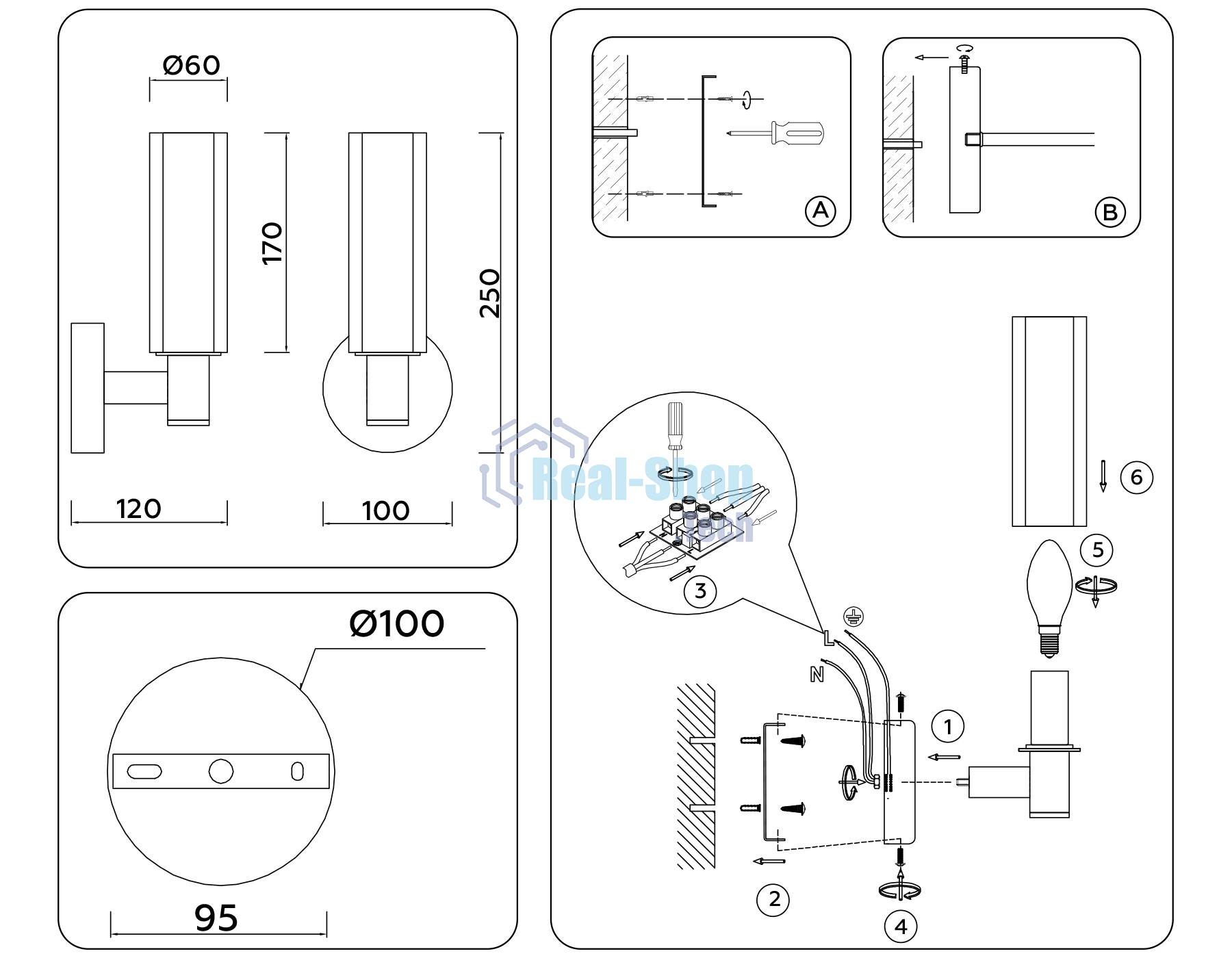 Настенный светильник Ambrella light LH55517 BK/BS/CL черный/латунь/прозрачный E14 max 40W 120*100*250