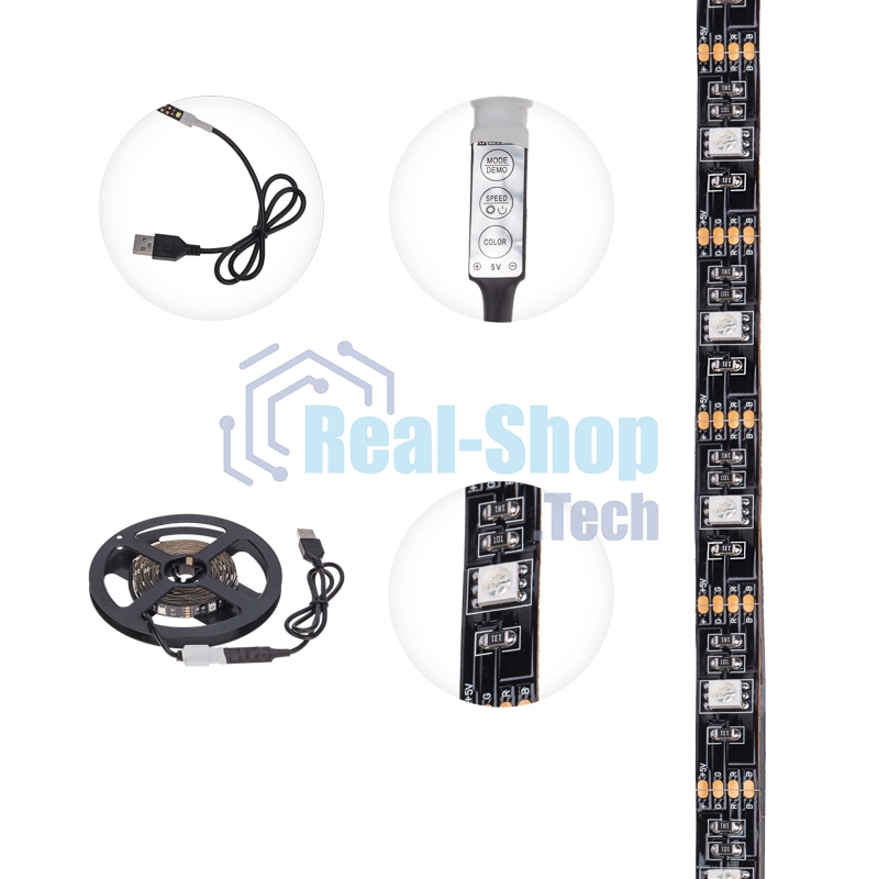 Лента светодиодная 5В, SMD5050, 7,2Вт/м, 30 LED/м, RGb, 10мм, 3м, с USB коннектором, черная, IP20 LAMPER