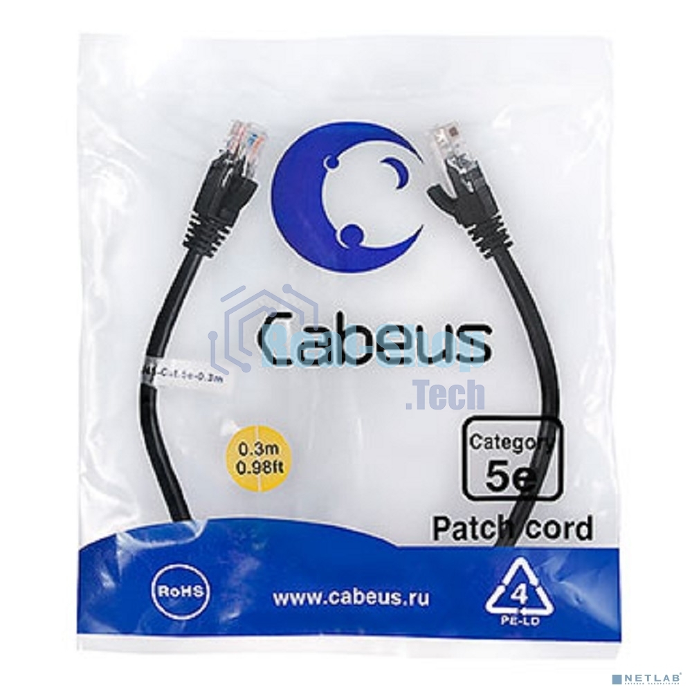 Шнур коммутационный Cabeus, Cat.5e, неэкр., U/UTP, RJ45/RJ45, LSZH, AWG24, 0.3м, черный