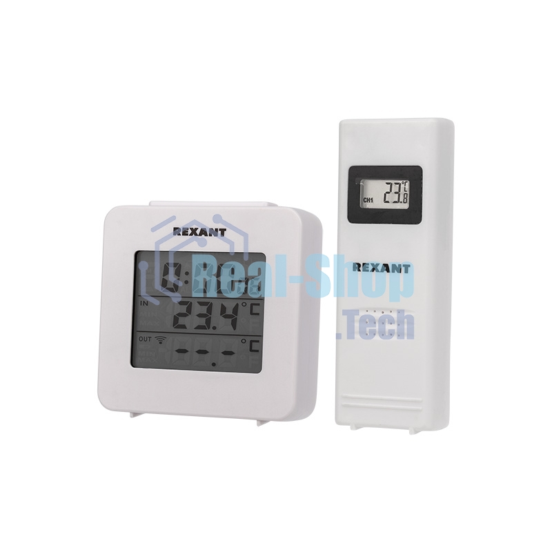 Электронный термометр с часами и беспроводным выносным датчиком Rexant