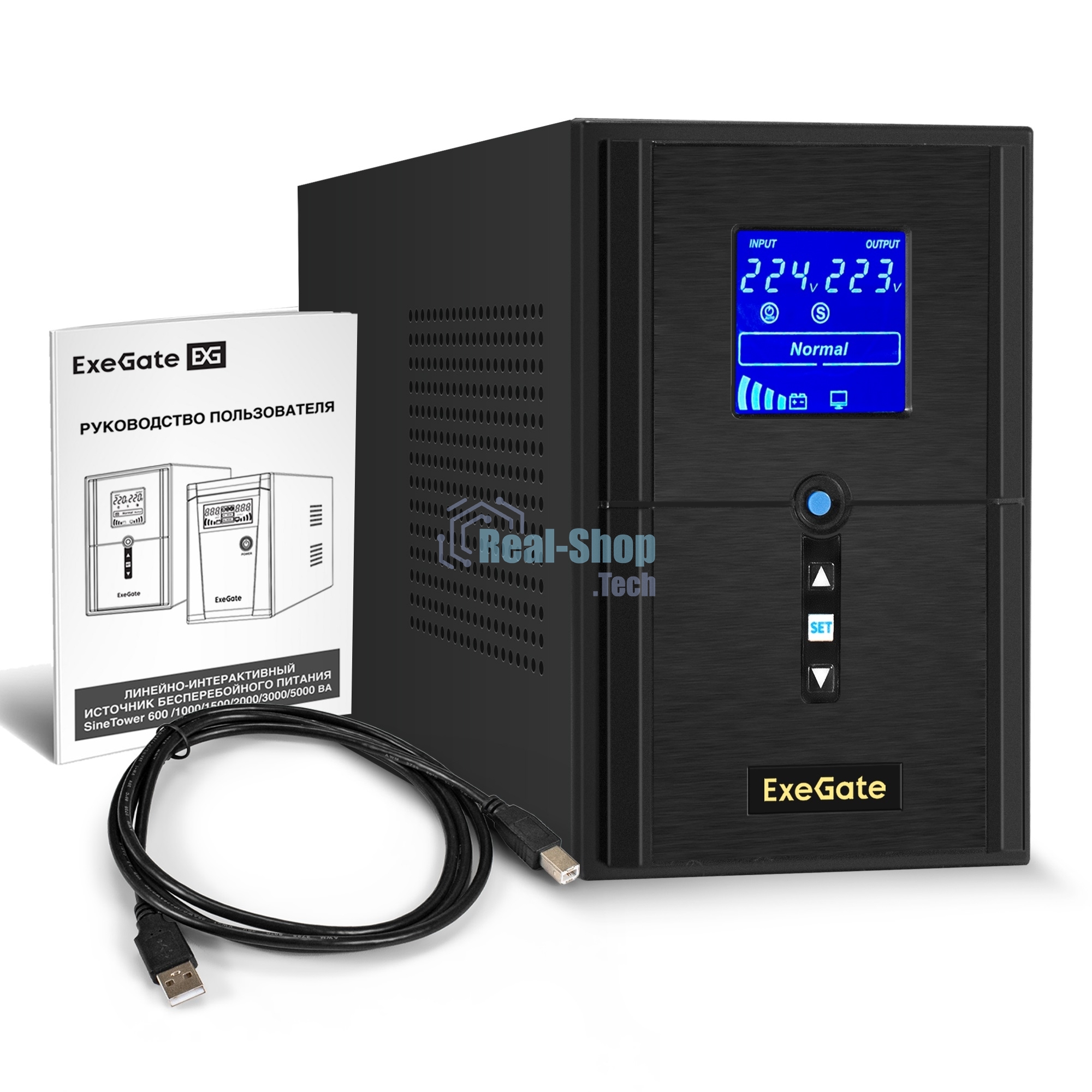 Источник бесперебойного питания ExeGate SineTower SN-1000.LCD.AVR.2SH.1C13.USB / 1000 ВА / 800 Вт / 2 x CEE 7 (евророзетка), 1 x IEC 320 C13