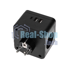 Двойник электрический Rexant Куб 16А с заземлением + 2хUSB-A 2,4А + USB Type-C 3А с ночной подсветкой, черный