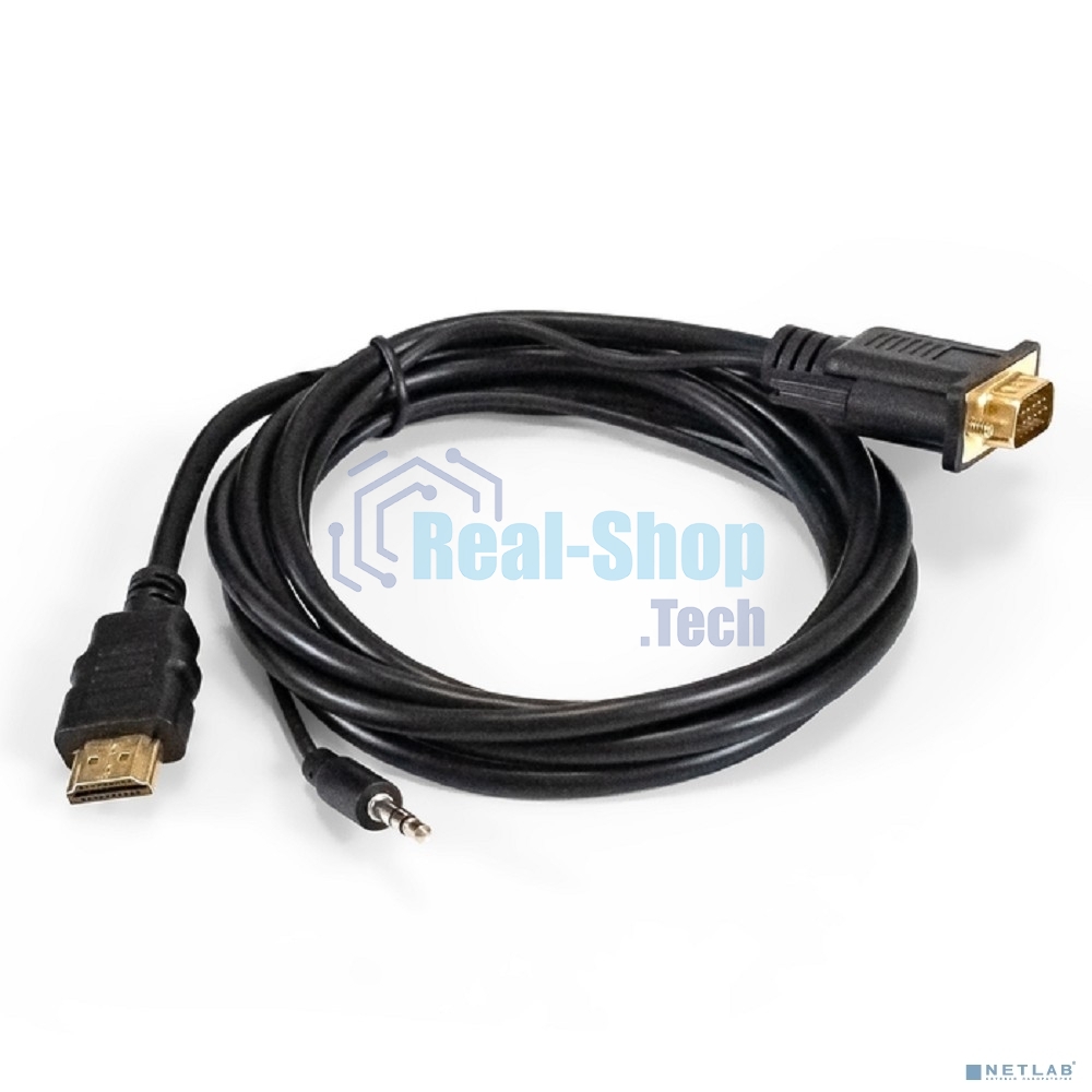 Кабель-переходник HDMI-VGA ExeGate EX-HDMIM-VGAM-3.5JackS-1.8 (19M/15M+3.5мм Jack M, 1,8м) Преобразователь цифрового HDMI сигнала в VGA видео и стерео-аудио