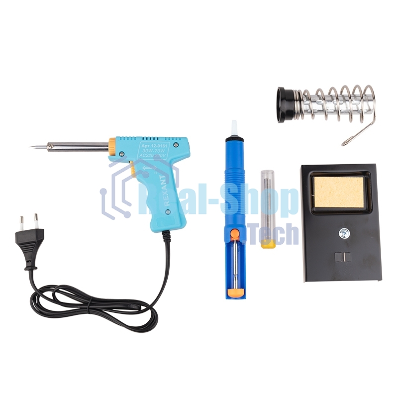 Набор для пайки Rexant (паяльник импульсный 30/70 Вт, оловоотсос, подставка, припой)