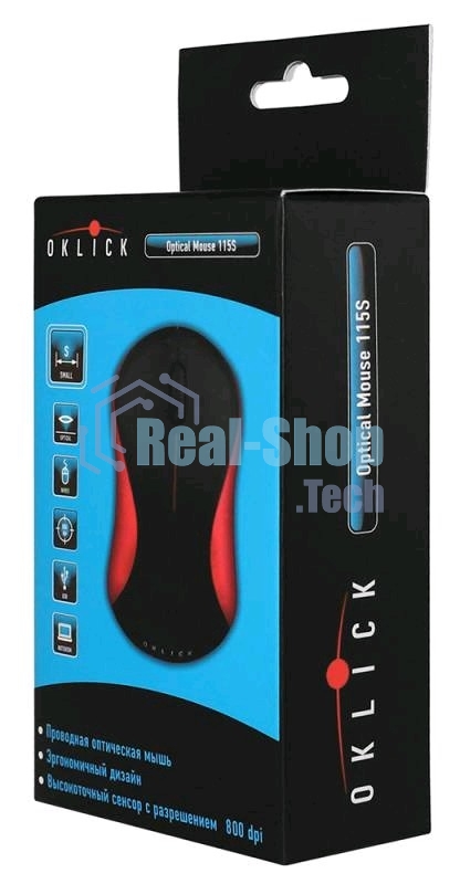 Мышь проводная Oklick 115S черный/красный, 1200 dpi, USB, кнопки - 3
