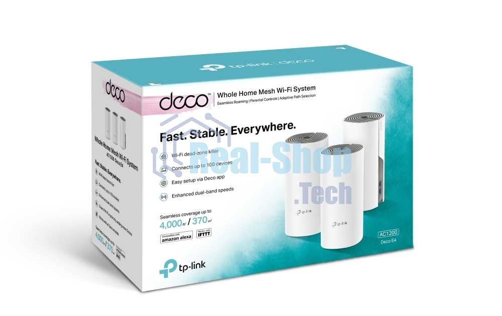 Домашняя Mesh Wi-Fi система TP-Link Deco E4 (3-Pack), 1167 Мбит/с (5 ГГц: до 867 Мбит/с + 2,4 ГГц: до 300 Мбит/с), 2 порта 100 Мбит/с, 2 встроенные антенны на каждом модуле Deco