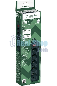 Сетевой фильтр Defender ES, 3.0 м, 5 розеток, черный