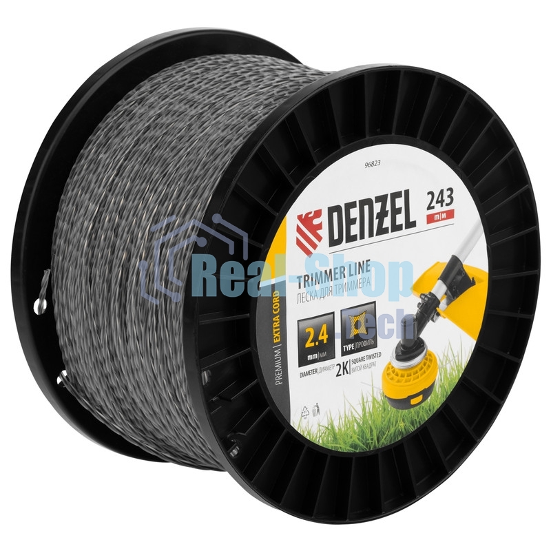 Леска для триммера Denzel двухкомпонентная витой квадрат, 2,4мм х 243м, на DIN катушке EXTRA CORD
