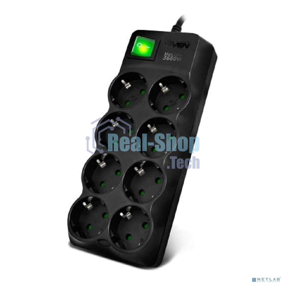 Сетевой фильтр SVEN SF-08E-16 (1,8 м 8 розеток с защитными шторками,16А) черный, цветная коробка