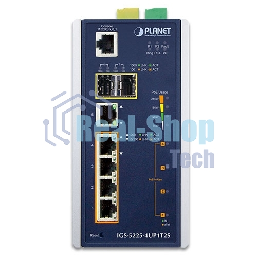 Коммутатор PLANET IP30 Industrial L2+/L4 4-Port 60W 1000T Ultra PoE+ 1-Port 1000T + 2-port 100/1000X SFP Full Managed Switch (-40 to 75 C, dual redundant power input on 48~56VDC terminal block, DIDO, ERPS Ring Supported, 1588)
