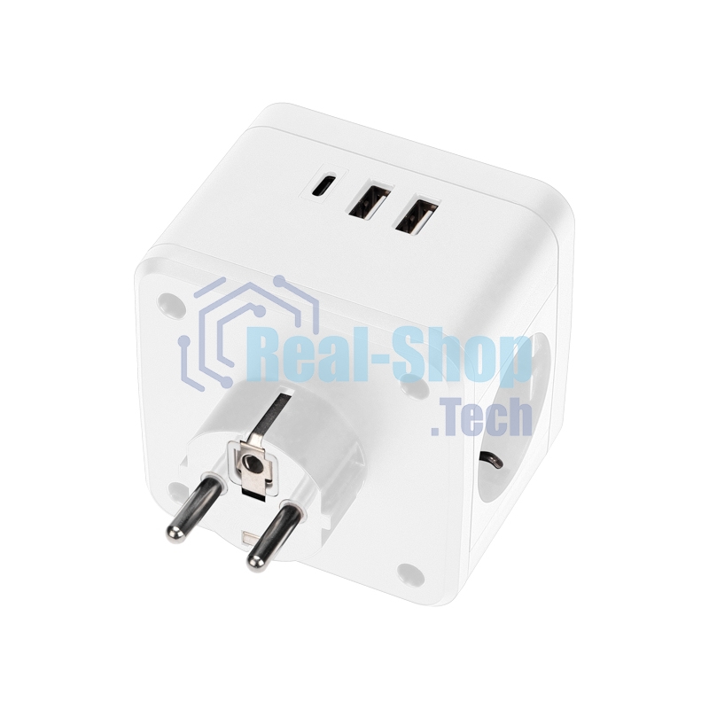 Двойник электрический Rexant Куб 16А с заземлением + 2хUSB-A 2,4А + USB Type-C 3А с ночной подсветкой, белый