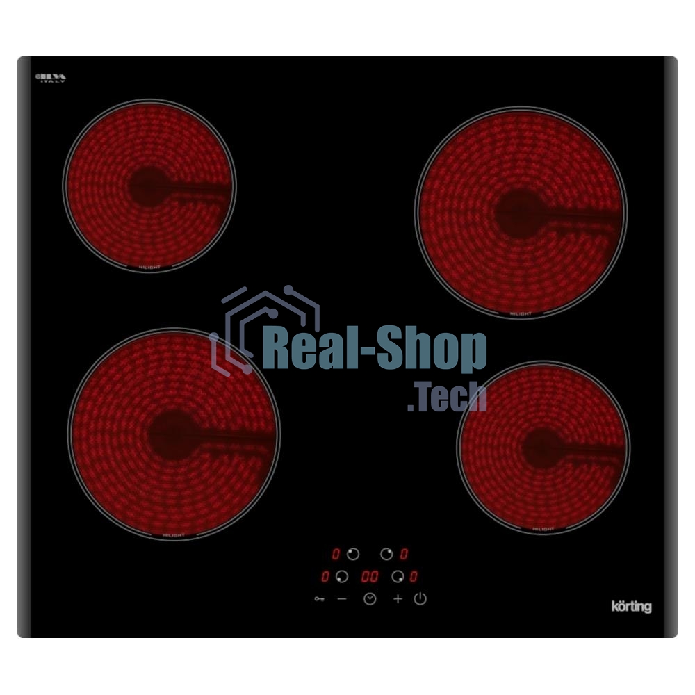 Встраиваемая электрическая панель Korting HK 60003 B Стеклокерамика, ширина 60см, сенсорное управление, 4 зоны нагрева, таймер, LED индикация для каждой зоны, индикация остаточного тепла, автоматическое отключение, функция 
