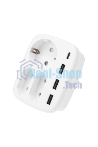 Тройник электрический Rexant 16А + 2х2,5А с заземлением + 3хUSB-A 2,4А + USB Type-C 3А, белый