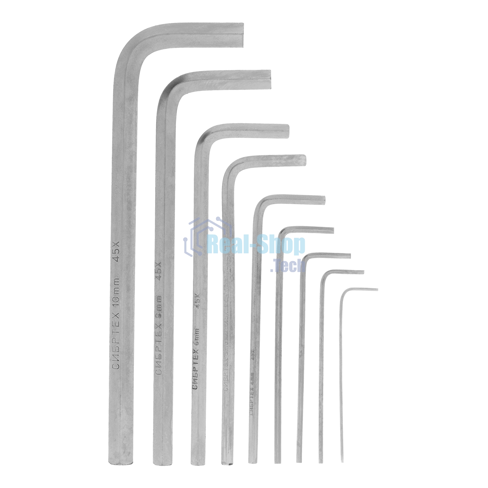 Набор ключей Сибртех имбусовых HEX, 1,5-10 мм, 45x, закаленные, 9 шт., удлиненные, никель.