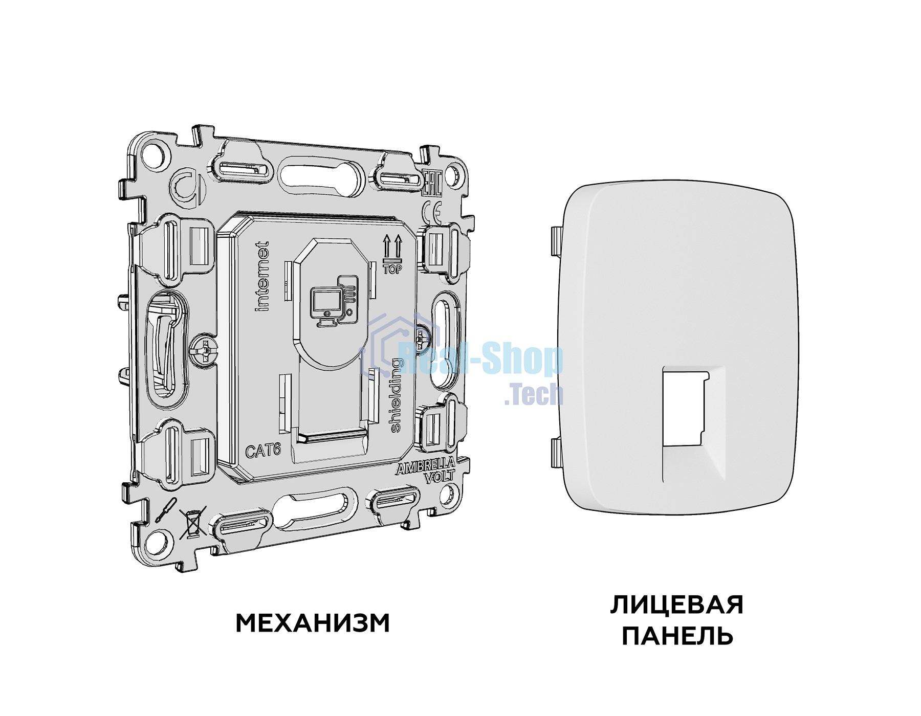Комплект механизма компьютерной розетки RJ-45 экранированной с автоматической защитной шторкой OMEGA Сталь матовый QUANT (OP5120, VM185) MO512005