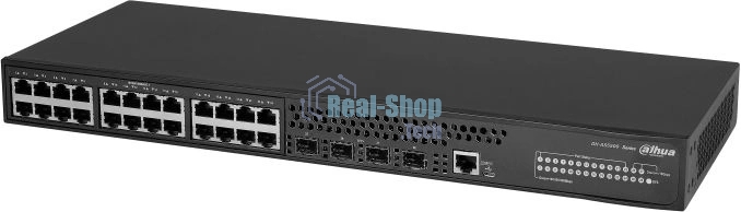 Коммутатор Dahua 28-портовый управляемый, уровень L3Порты: 24 RJ45 10/100/1000 Мбит/с, 4 SFP+ 1000/10000 Мбит/с(uplink); питание: 100~240В(AC); грозозащита: до 6кВ