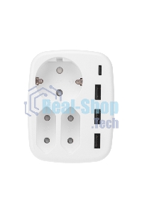 Тройник электрический Rexant 16А + 2х2,5А с заземлением + 3хUSB-A 2,4А + USB Type-C 3А, белый