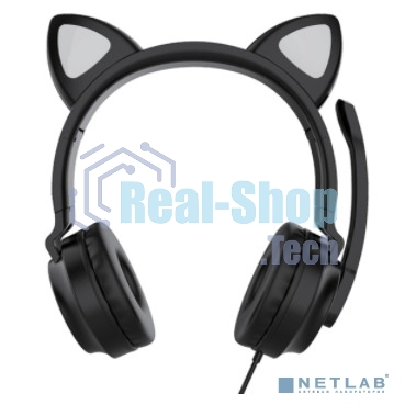 Гарнитура проводная для игр и стриминга с подсветкой, складная, Qumo Game Cat черный (GHS 0034), подключение 1х3,5 Jack + питание USB