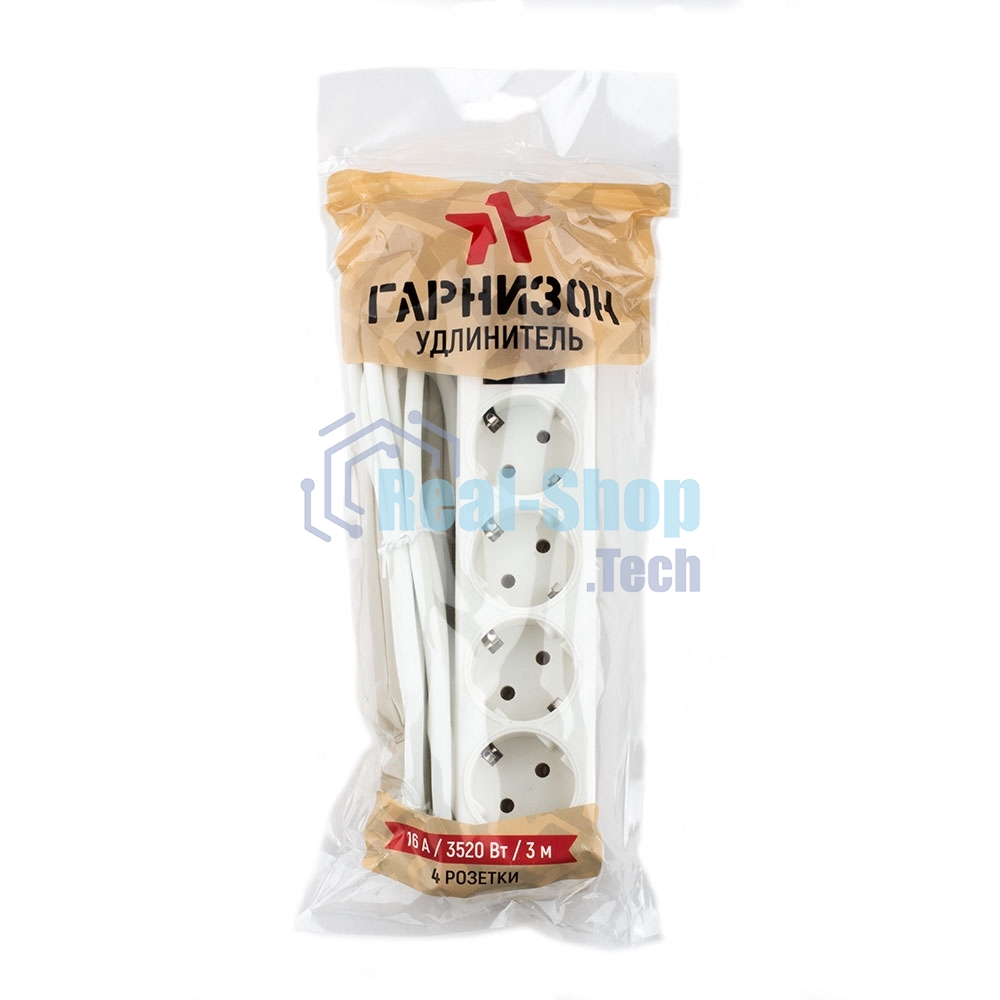 Сетевой фильтр Гарнизон ELB-G4-W-3, 4 евророзетки с выключателем и заземлением, допустимый ток 16А, длина 3 м.