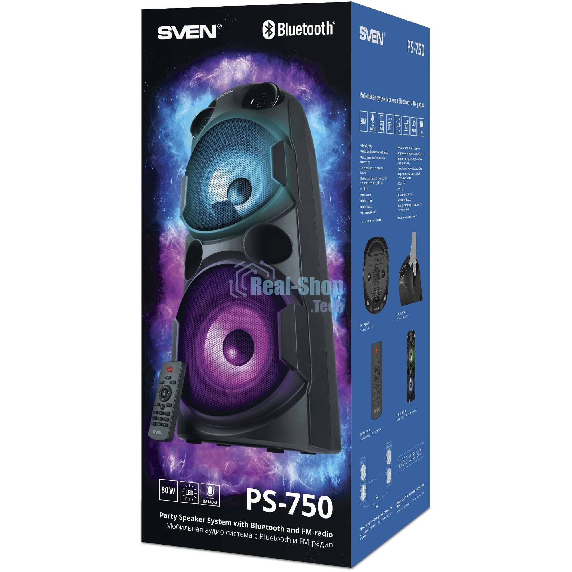 Колонка АС Sven PS-750, черный (80 Вт, TWS, Bluetooth, FM, USB, microSD, LED-дисплей, 2х4400мА*ч)