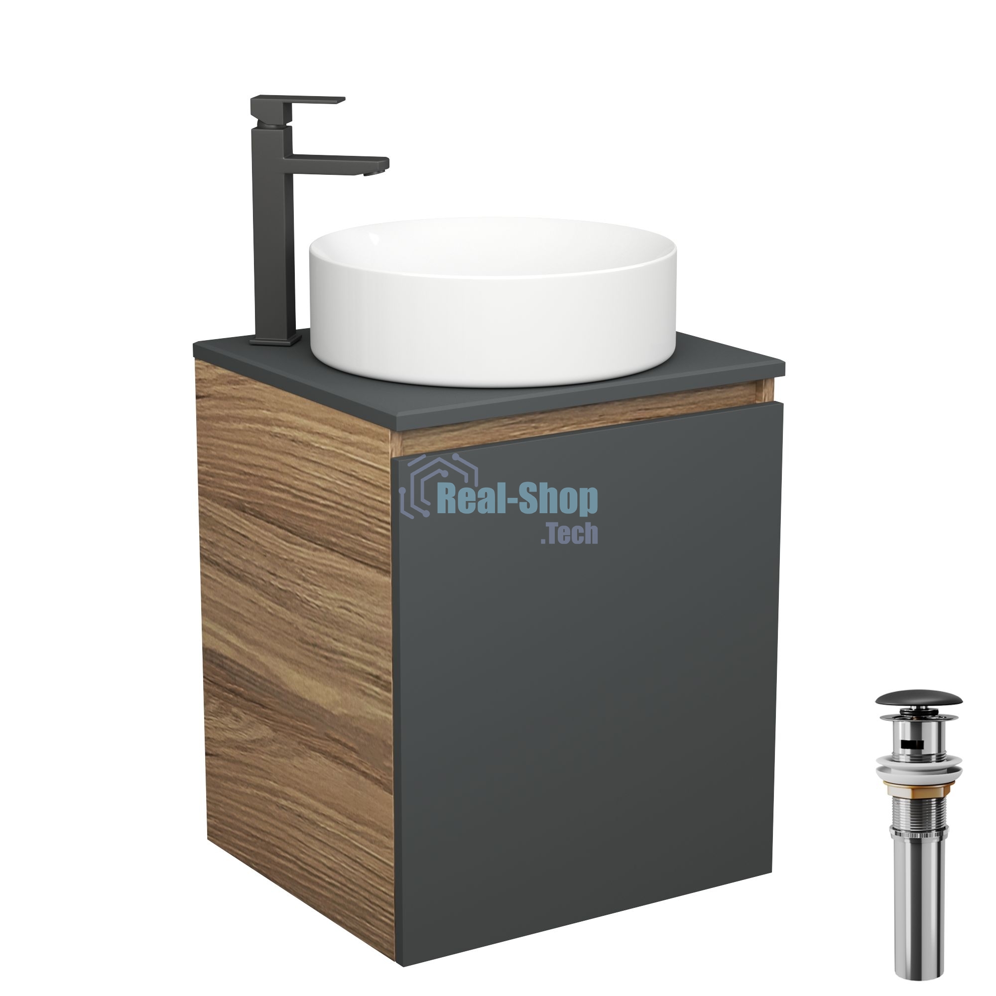 Тумба Bau Dream Blackwood 50 графит, раковина BAU Dream круглая D41, смеситель для раковины высокий Hotel Black, черный, выпуск клик клак, черный