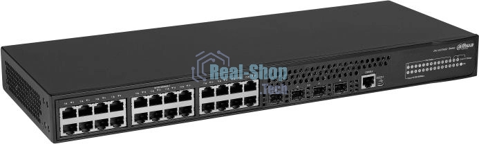 Коммутатор Dahua 28-портовый управляемый, уровень L3Порты: 24 RJ45 10/100/1000 Мбит/с, 4 SFP+ 1000/10000 Мбит/с(uplink); питание: 100~240В(AC); грозозащита: до 6кВ