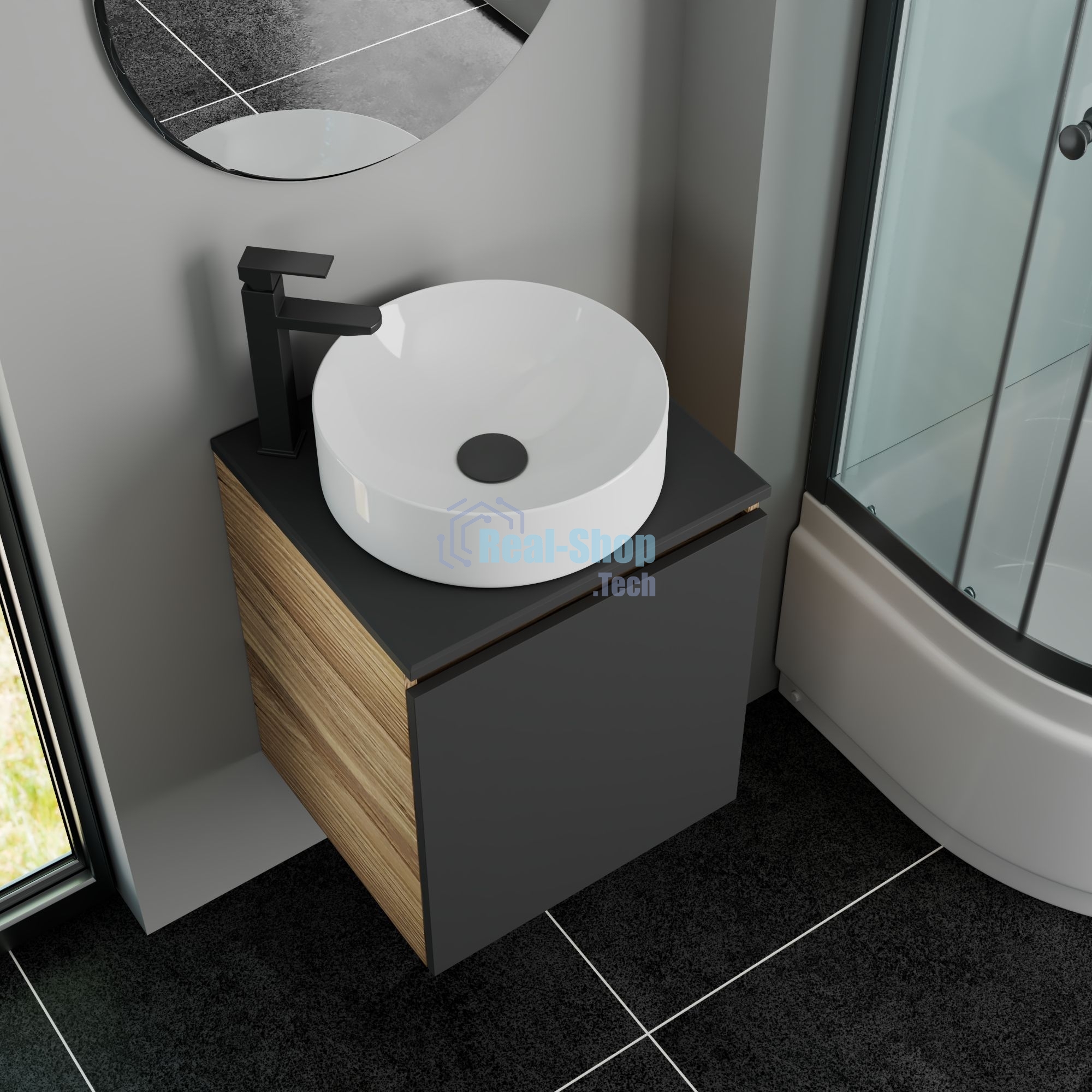 Тумба Bau Dream Blackwood 50 графит, раковина BAU Dream круглая D41, смеситель для раковины высокий Hotel Black, черный, выпуск клик клак, черный