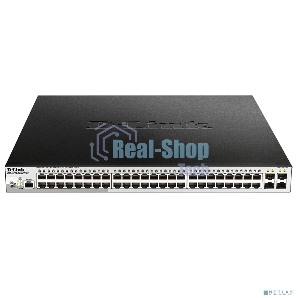 Коммутатор управляемый 2 уровня D-Link DGS-1210-52MPP/ME/B3A PROJ с 48 портами 10/100/1000Base-T и 4 портами 1000Base-X SFP (48 портов с поддержкой PoE 802.3af/802.3at (30 Вт), PoE-бюджет 740 Вт)