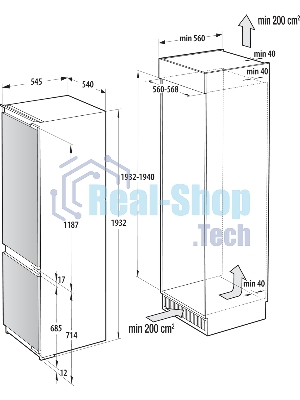 Встраиваемый холодильник Gorenje NRKI519E82WF, 193 см, электронное управление, цифровой дисплей, Wi-Fi, NoFrost Dual, Multiflow 360, контейнер CrispZone с контролем влажности, функция ConvertActive, AdaptTech, MultiAdjust, жесткое крепление, инверторный компрессор, уровень шума 35 дБ