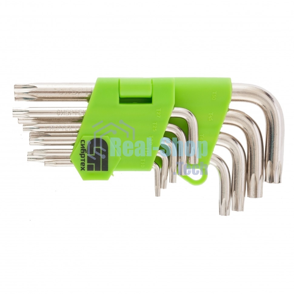 Набор ключей имбусовых Сибртех Tamper-Torx, 9 шт., TT10-TТ50, 45x, закаленные, короткие, никель