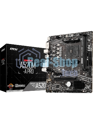 Материнская плата MSI A520M-A PRO, AM4, AMD A520, 2xDDR4, 4xSATA, 1xM.2, 1xPCIe 3.0 x16, 1xDVI-D, 1xHDMI, 1x 1Gb LAN, 2xUSB 2.0, 4xUSB 3.2 Gen 1, 3x3.5 мм, 7.1, mATX