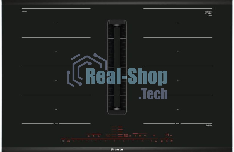 Индукционная варочная панель Bosch PXX875D67E с вытяжкой, черная, ширина 80см, 4 зоны нагрева, которые можно обьединить в две зоны FlexInduction, управление DirectSelect Premium, функции HomeConnect: удаленная диагностика, контроль и мониторинг, функция P