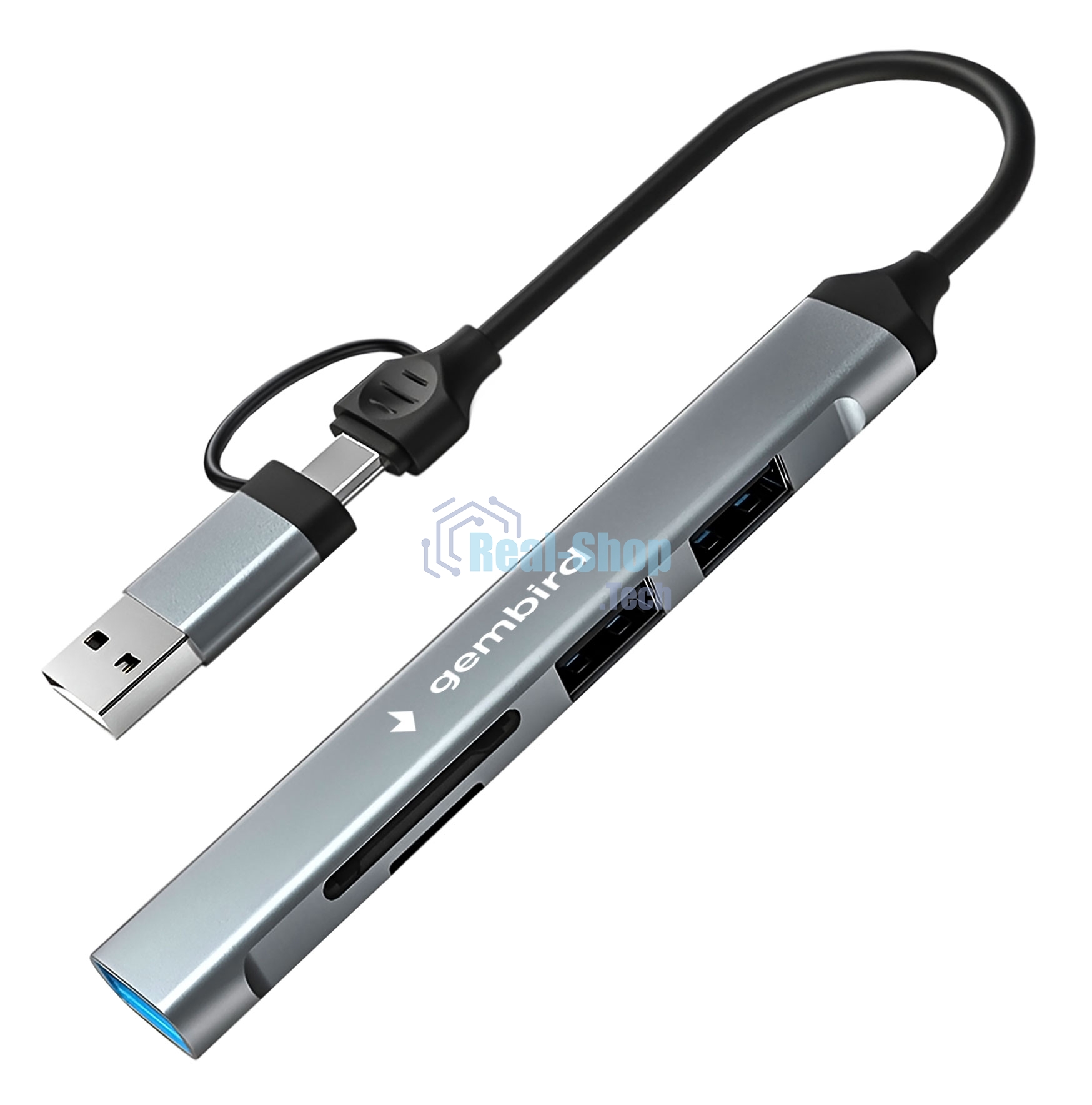Кард-ридер Type-C/USB-A (3.1) Gembird FD2-MSD-3, 5в1: 2xUSB 2.0, USB3.1, SD/TF, кабель 10 см, алюминий