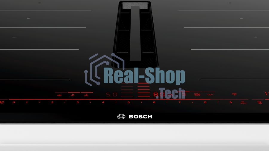 Индукционная варочная панель Bosch PXX875D67E с вытяжкой, черная, ширина 80см, 4 зоны нагрева, которые можно обьединить в две зоны FlexInduction, управление DirectSelect Premium, функции HomeConnect: удаленная диагностика, контроль и мониторинг, функция P
