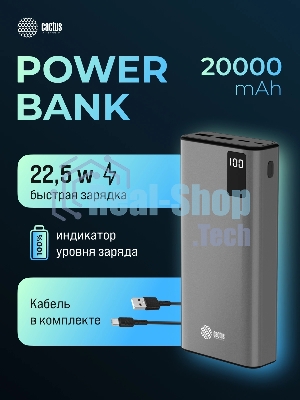 Портативный аккумулятор Cactus CS-PBFSFA-20000 20000mAh 4.5A 2xUSB-A/USB-C серый