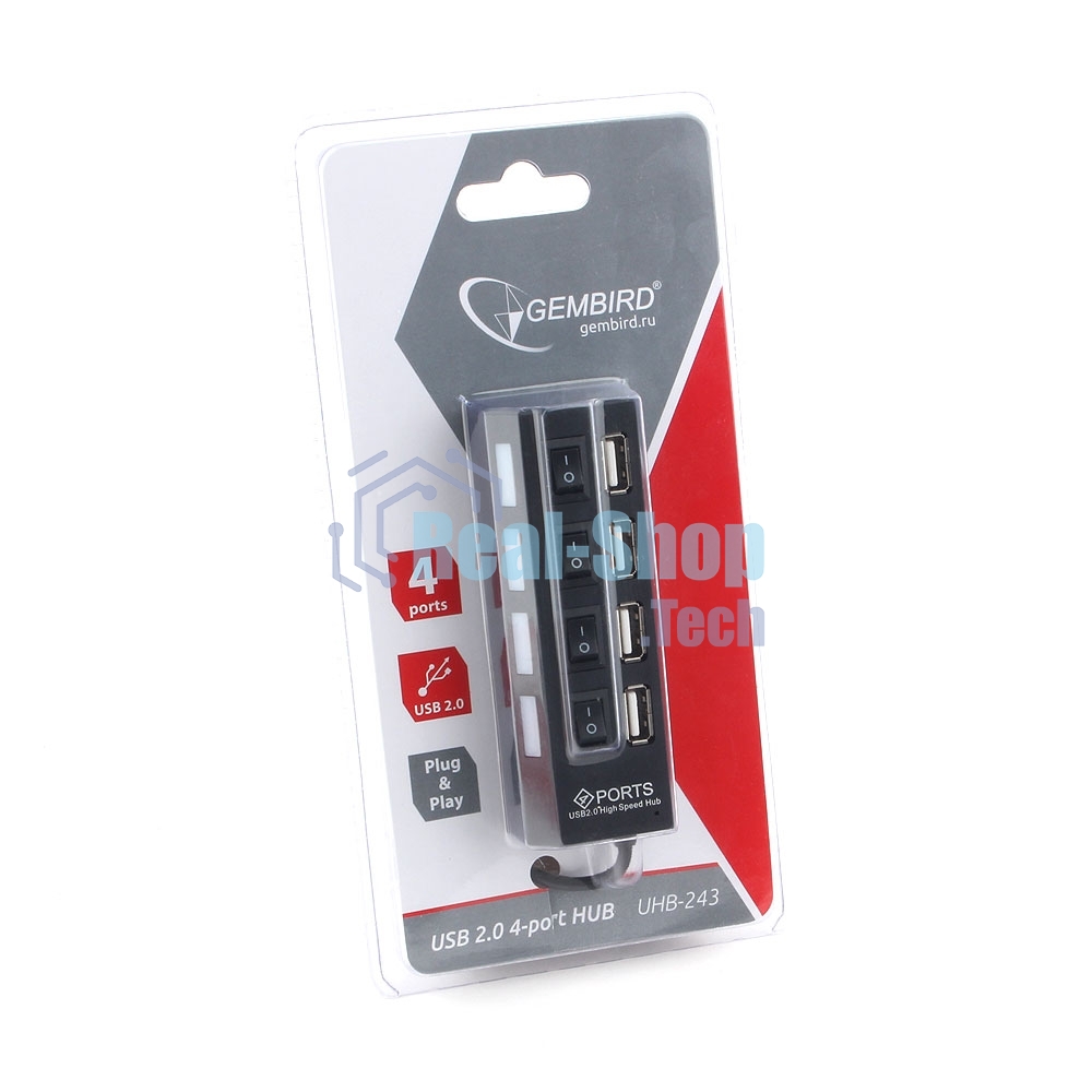 USB-концентратор USB 2.0 Gembird UHB-243-AD с подсветкой и выключателем, 4 порта, блистер