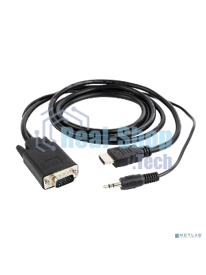 Кабель HDMI->VGA Cablexpert A-HDMI-VGA-03-5M, 19M/15M + 3.5Jack, медь, позол.разъемы, 5м, черный, пакет