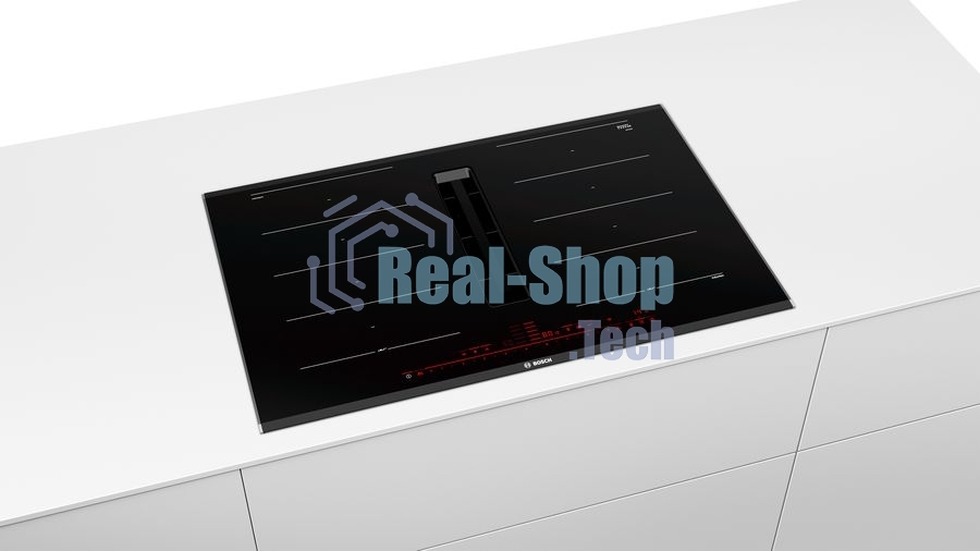 Индукционная варочная панель Bosch PXX875D67E с вытяжкой, черная, ширина 80см, 4 зоны нагрева, которые можно обьединить в две зоны FlexInduction, управление DirectSelect Premium, функции HomeConnect: удаленная диагностика, контроль и мониторинг, функция P