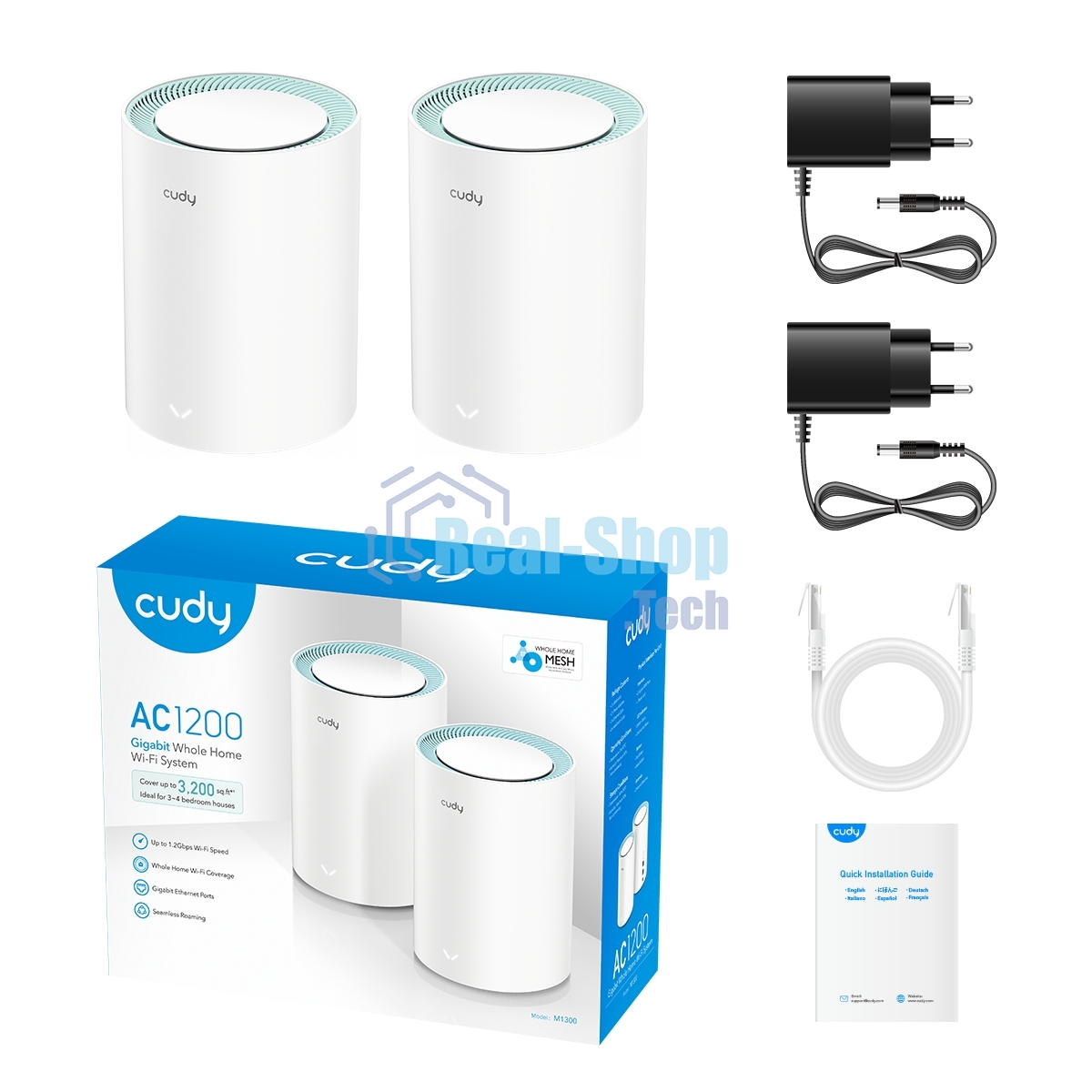 Бесшовный Mesh роутер Cudy M1300 (M1300 2-PACK) AC1200 10/100/1000BASE-TX/Wi-Fi белый (упак.:2шт)