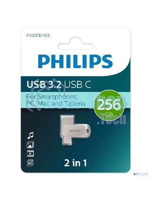 Флешка USB 256Gb PHILIPS 2-in-1 USB 3.2 USB C, OTG, USB 3.2/Type-C, Металл, 100 Mb/s