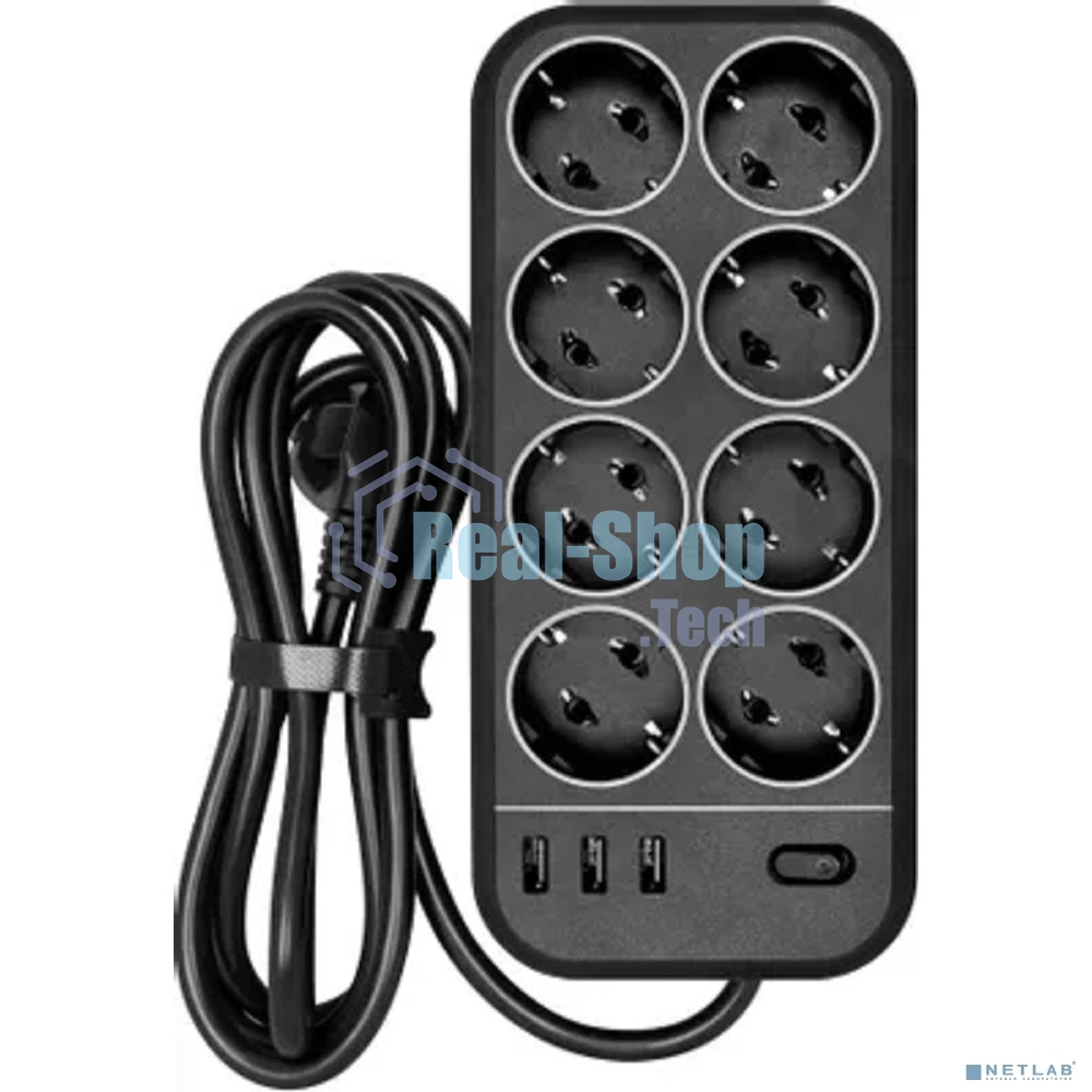 Сетевой фильтр Powercom SP-08 USB03AB 3,0 m 3.0м (8 розеток) черный (коробка)