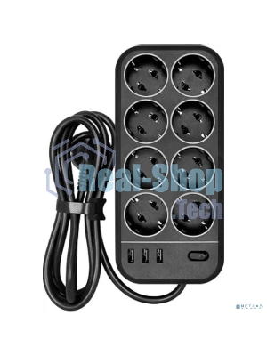 Сетевой фильтр Powercom SP-08 USB03AB 3,0 m 3.0м, 8 розеток, черный, коробка