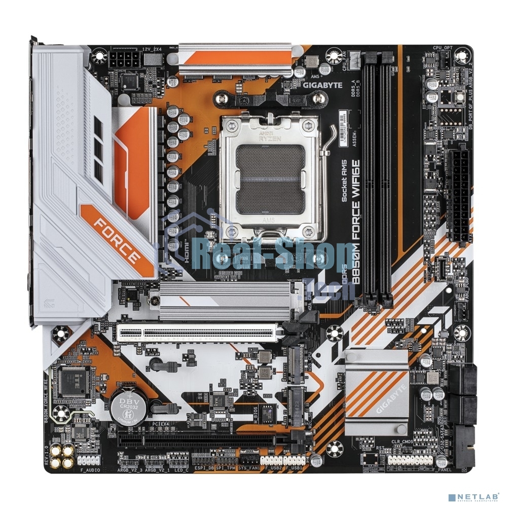 Материнская плата Gigabyte B850M FORCE WF6E, AM5, AMD B850, 2xDDR5, 4xSATA, 3xM.2, 1xPCIe 5.0 x16, 1xPCIe 4.0 x4, 1xDP, 1xHDMI, 1x2.5Gb LAN, Wi-Fi 6E, Bluetooth 5.3, 1xUSB-C 5Gbps, 1xUSB-A 10Gbps, 2xUSB-A 5Gbps, 2xUSB-A 2.0, 3x3.5 мм, 7.1, mATX